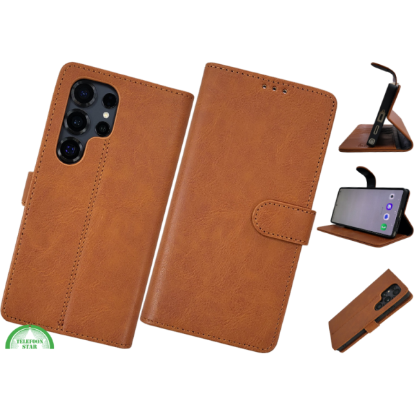 S25 Edge Boek Case Leer Stijlvolle en Beschermende Wallet Case Bruin – foto 2