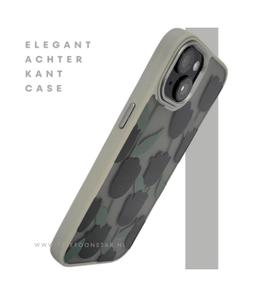 iPhone 15 Plus Hoesje &ndash; Zwarte Tulpen Design met Beige Rand | Stijlvol & Betaalbaar