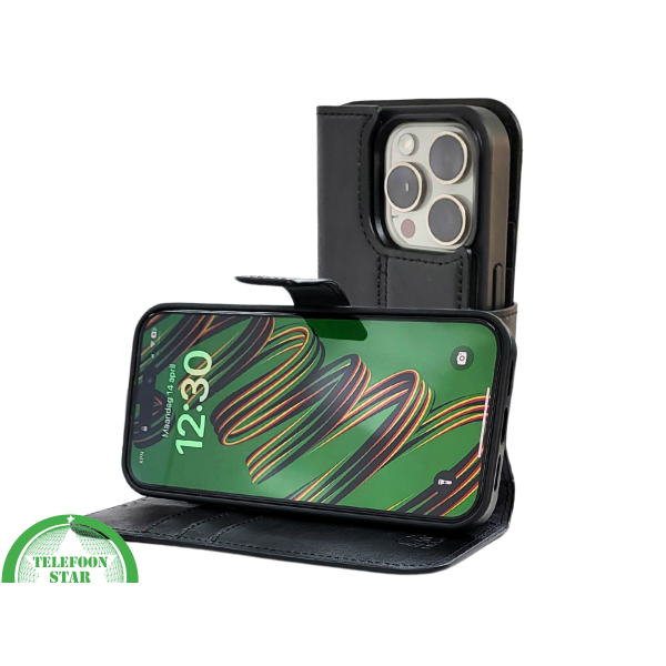 Zwart Bookcase Hoesje twee en een iPhone 15 Pro &ndash; Luxe PU-leer &amp; Kaarthouder | Telefoonstar.nl – foto 8