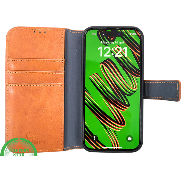 Cognac Bookcase Hoesje twee en een iPhone 15 Pro &ndash; Lederen Look &amp; Kaartvak | Telefoonstar.nl – foto 4