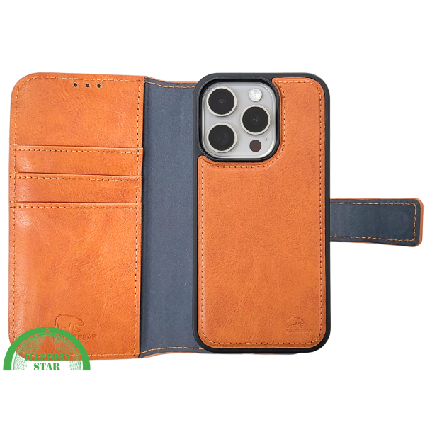 Cognac Bookcase Hoesje twee en een iPhone 15 Pro &ndash; Lederen Look &amp; Kaartvak | Telefoonstar.nl – foto 5