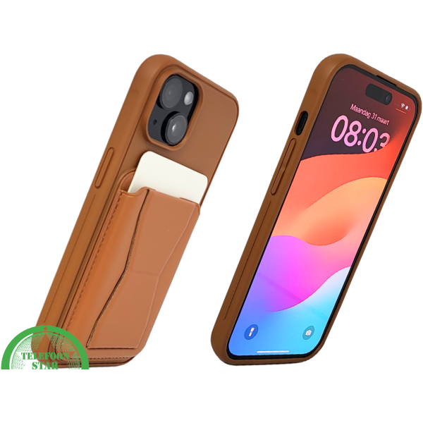 iPhone 15 Hoesje &ndash; Cognacbruin met Pasjeshouder | Functioneel &amp; Stijlvol – foto 2