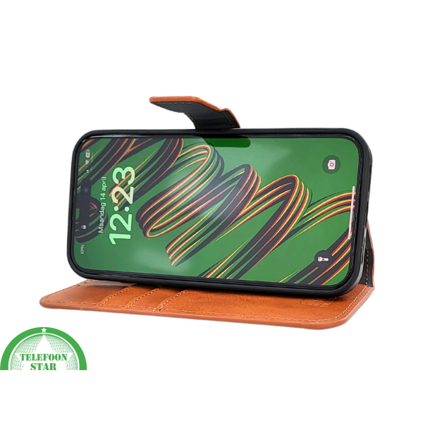 Cognac Bookcase Hoesje twee en een iPhone 15 Pro &ndash; Lederen Look &amp; Kaartvak | Telefoonstar.nl – foto 7