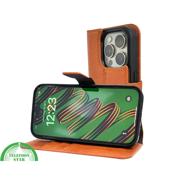 Cognac Bookcase Hoesje twee en een iPhone 15 Pro &ndash; Lederen Look &amp; Kaartvak | Telefoonstar.nl – foto 8