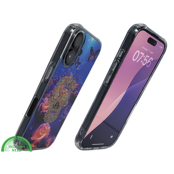 iPhone 16 hoesje transparant met neon skull en vlinder design schokbestendig – foto 2