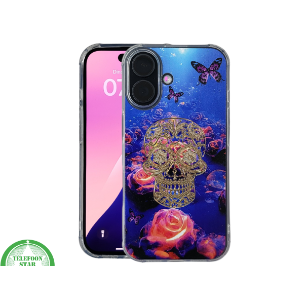 iPhone 16 hoesje transparant met neon skull en vlinder design schokbestendig – foto 3