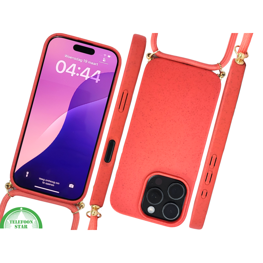 Koraalrood Koord Hoesje &ndash; Biologisch Afbreekbare Crossbody Case Met Verstelbare Draagkoord voor iPhone 16 Pro
