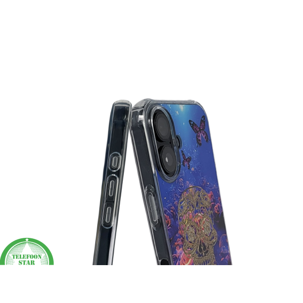 iPhone 16 hoesje transparant met neon skull en vlinder design schokbestendig – foto 6