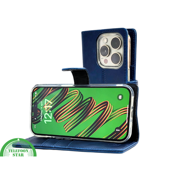iPhone 15 Pro Bookcase Hoesje Blauw &ndash; Elegant Leren Look met Magnetische Sluiting – foto 7