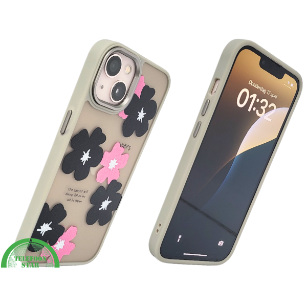 iPhone 13 / 14 Hoesje &ndash; Matgroene Rand met Bloemenprint Zwart/Roze | Telefoonstar – foto 2