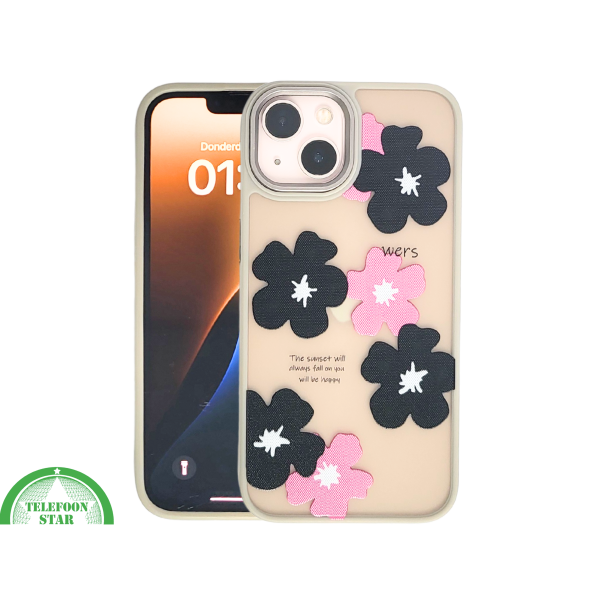 iPhone 13 / 14 Hoesje &ndash; Matgroene Rand met Bloemenprint Zwart/Roze | Telefoonstar – foto 3