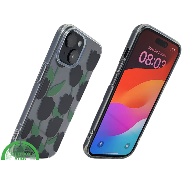 iPhone 15 Hoesje &ndash; Transparant met Zwarte Tulpenprint | Stijlvol, Nederlands &amp; Beschermend – foto 2