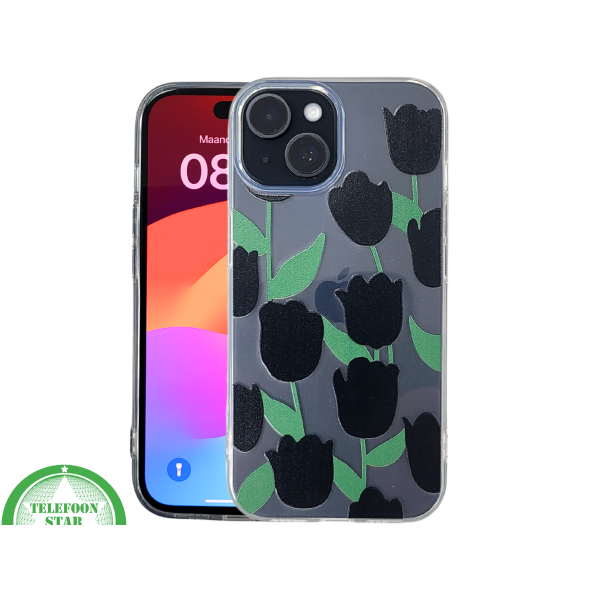 iPhone 15 Hoesje &ndash; Transparant met Zwarte Tulpenprint | Stijlvol, Nederlands &amp; Beschermend – foto 3