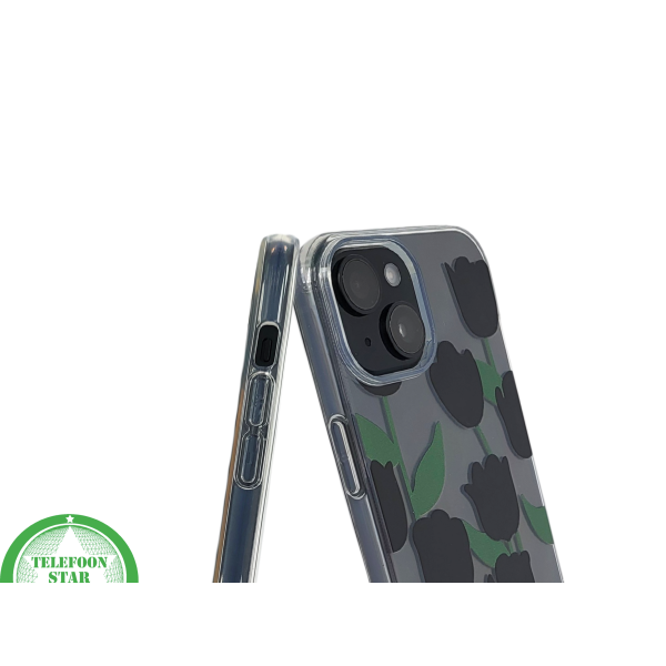iPhone 15 Hoesje &ndash; Transparant met Zwarte Tulpenprint | Stijlvol, Nederlands &amp; Beschermend – foto 6