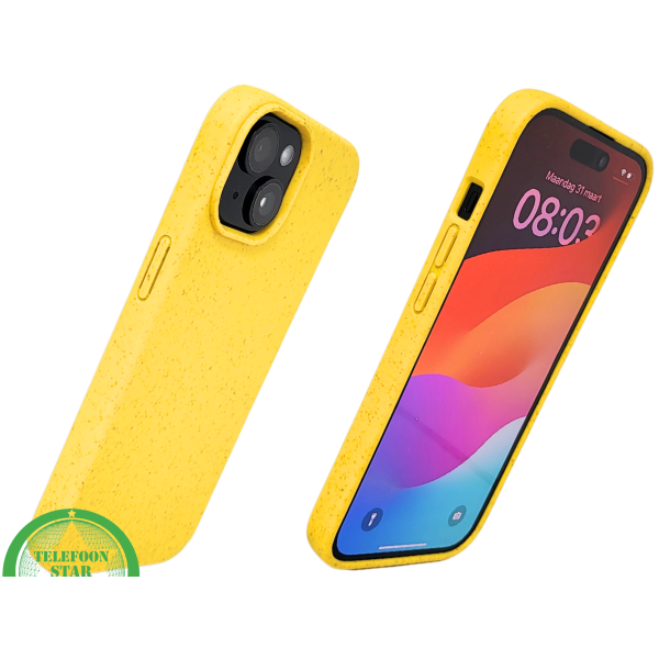 iPhone 15 Hoesje &ndash; Geel met Spikkelstructuur | Fris, Duurzaam &amp; Beschermend – foto 2
