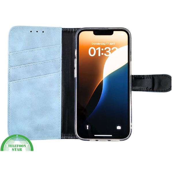 Lichtblauw Bookcase Hoesje iPhone 13 en 14 Met Sluitbandje en Pasjeshouder prijs goedkoop &euro;14,95 – foto 4