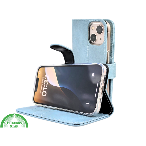 Lichtblauw Bookcase Hoesje iPhone 13 en 14 Met Sluitbandje en Pasjeshouder prijs goedkoop &euro;14,95 – foto 7