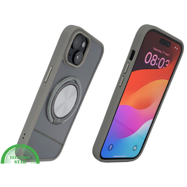 iPhone 15 Hoesje &ndash; Transparant Met Taupe Rand &amp; Zilveren Ringhouder | Elegant &amp; Functioneel – foto 2