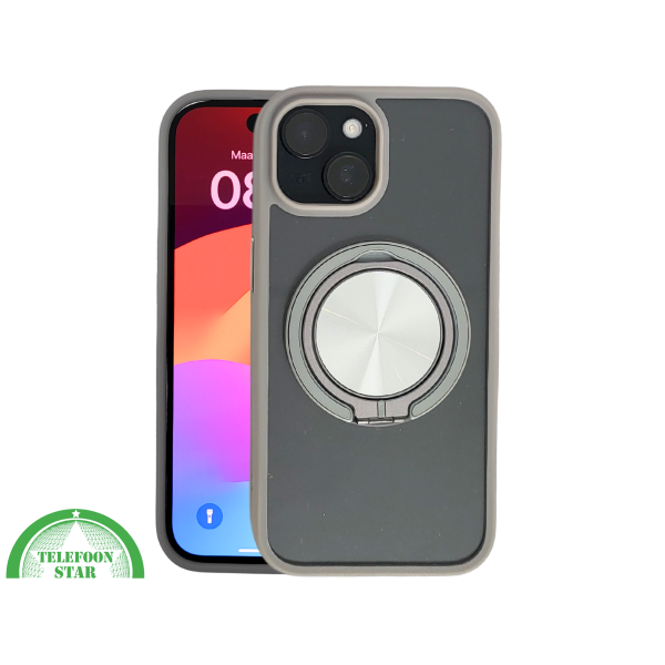 iPhone 15 Hoesje &ndash; Transparant Met Taupe Rand &amp; Zilveren Ringhouder | Elegant &amp; Functioneel – foto 3