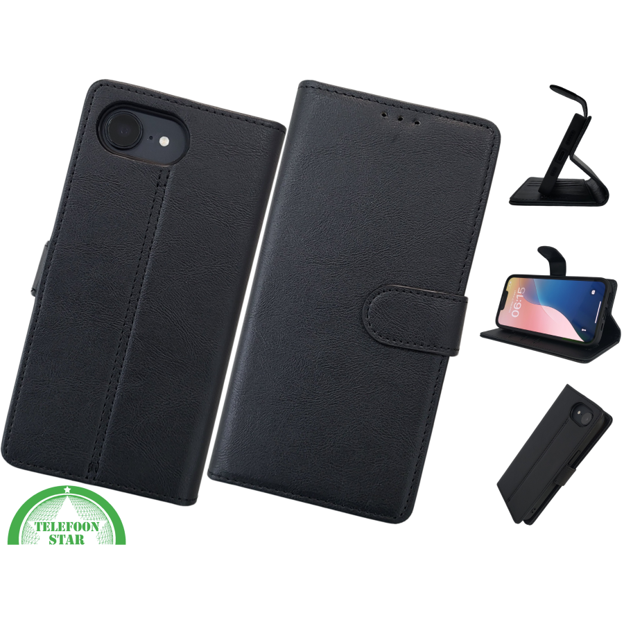 iPhone 17E Luxe Bookcase Hoesje Zwart &ndash; Wallet Case met Standfunctie