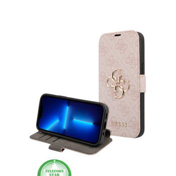 Hoesje voor iPhone 15 Bookcase &ndash; Luxe Roze Lederen Look met Goudkleurig Logo