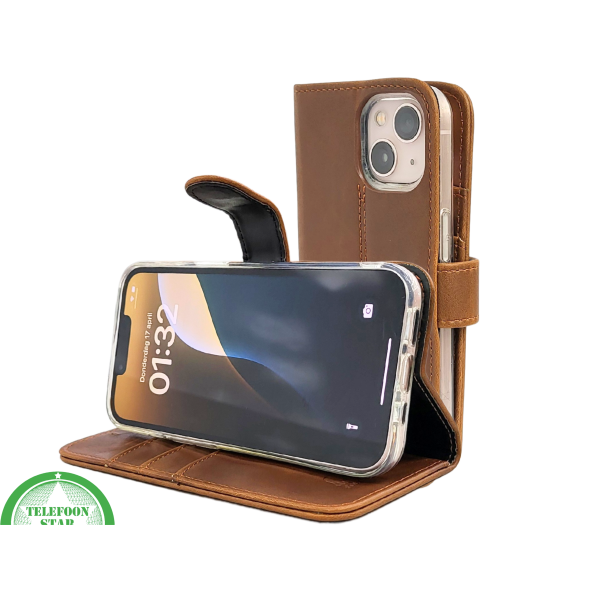 Bruin Bookcase Hoesje iPhone 13 / 14 &ndash; Vintage Leren Look met Bandje | &euro;14,95 – foto 7