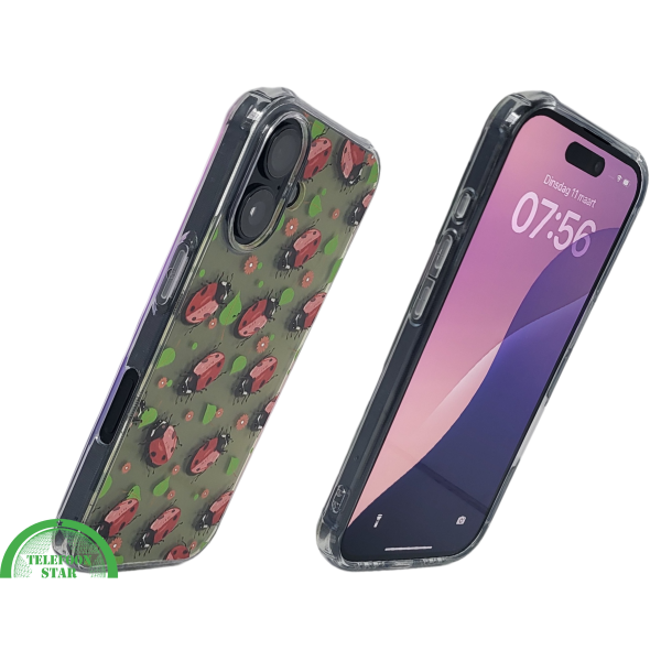 iPhone 16 hoesje transparant met lieveheersbeestjes print en schokbestendige bescherming – foto 2