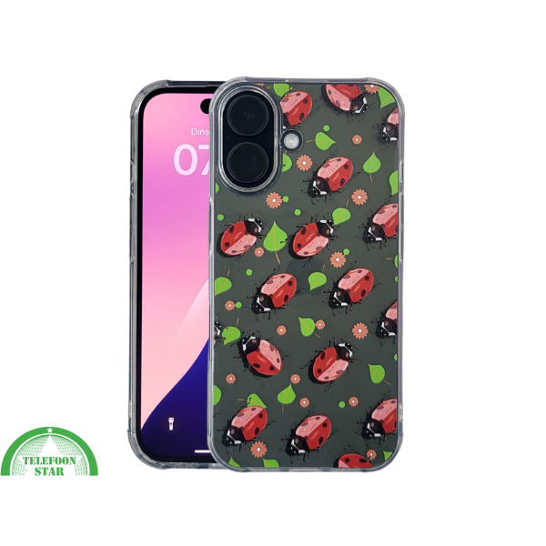 iPhone 16 hoesje transparant met lieveheersbeestjes print en schokbestendige bescherming – foto 3