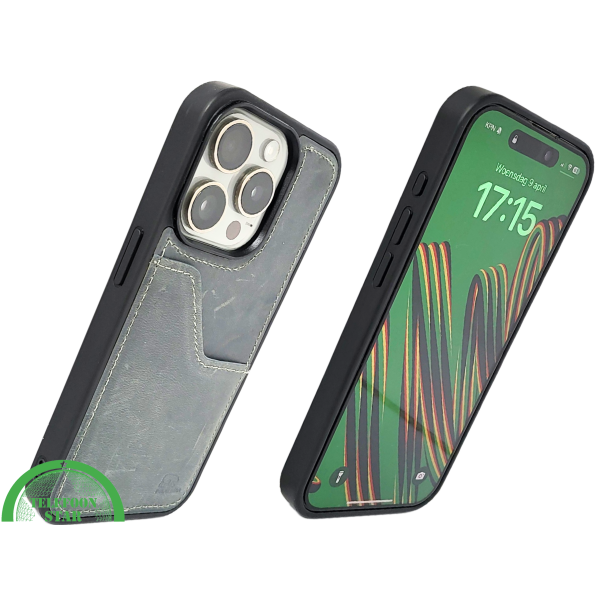 iPhone 15 Pro Max Hoesje met Kaarthouder &ndash; Vintage Lederlook Grijs | Telefoonstar.nl – foto 2