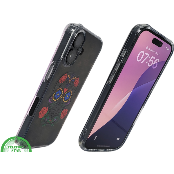 iPhone 16 hoesje transparant met kleurrijke skull print en extra bescherming – foto 2