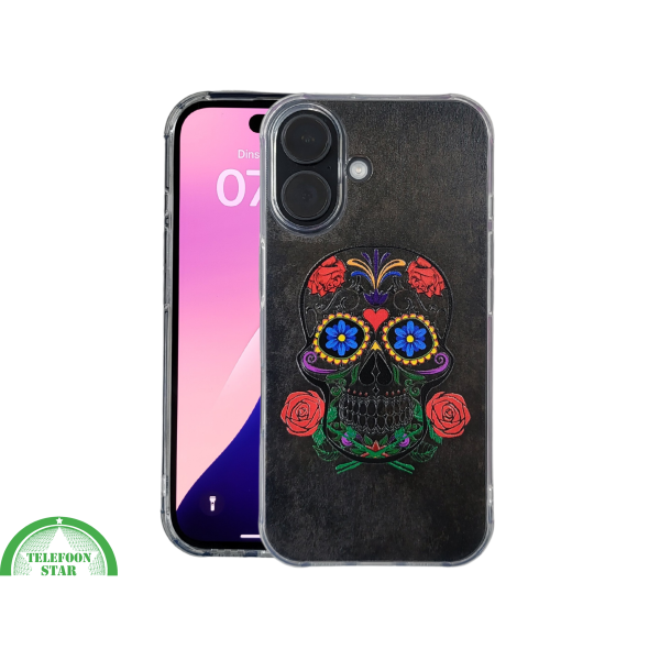 iPhone 16 hoesje transparant met kleurrijke skull print en extra bescherming – foto 3
