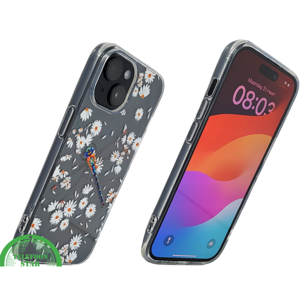 iPhone 15 Hoesje &ndash; Transparant Met Margrietjes en Papegaai | Fris, Kleurrijk &amp; Beschermend – foto 2
