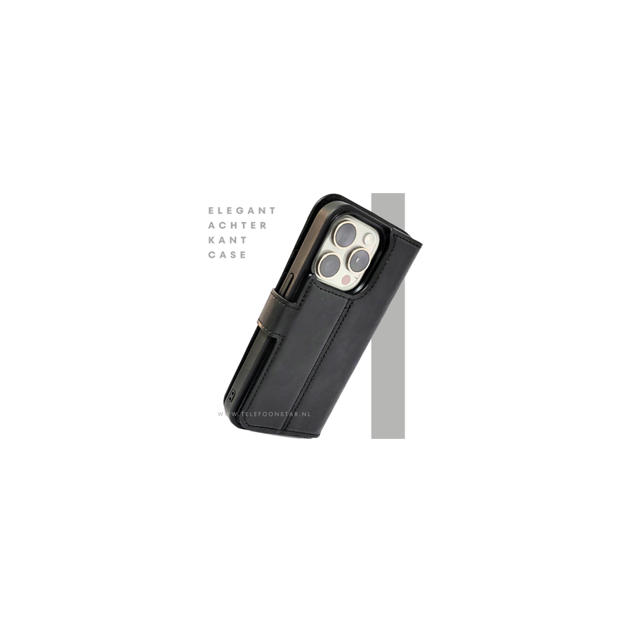 Zwart Bookcase Hoesje twee en een iPhone 15 Pro &ndash; Luxe PU-leer &amp; Kaarthouder | Telefoonstar.nl