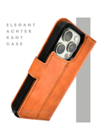 Cognac Bookcase Hoesje twee en een iPhone 15 Pro &ndash; Lederen Look & Kaartvak | Telefoonstar.nl