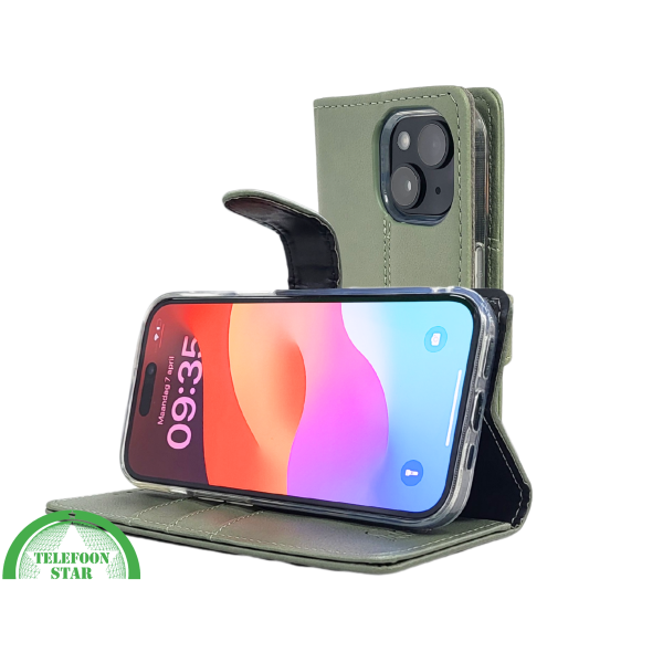 iPhone 15 2-in-1 Hoesje Groen Leer &ndash; Bookcase met Pasjeshouder – foto 6