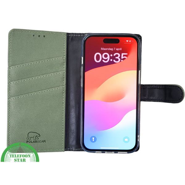 iPhone 15 2-in-1 Hoesje Groen Leer &ndash; Bookcase met Pasjeshouder – foto 7