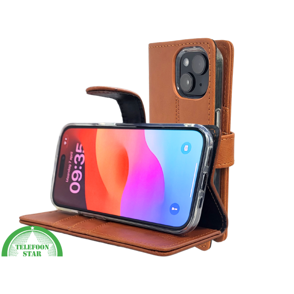 iPhone 15 Plus Leren Hoesje Cognac &ndash; Bookcase met Pasjeshouder – foto 5