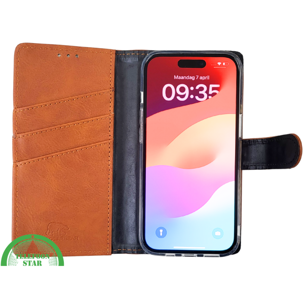 iPhone 15 Plus Leren Hoesje Cognac &ndash; Bookcase met Pasjeshouder – foto 6