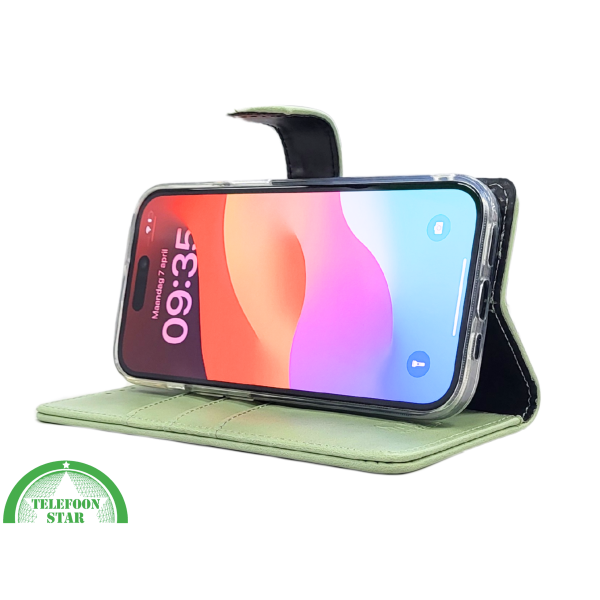 iPhone 15 Plus Hoesje Lichtgroen &ndash; Bookcase met Pasjeshouder – foto 5