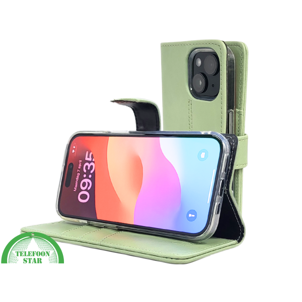 iPhone 15 Plus Hoesje Lichtgroen &ndash; Bookcase met Pasjeshouder – foto 6