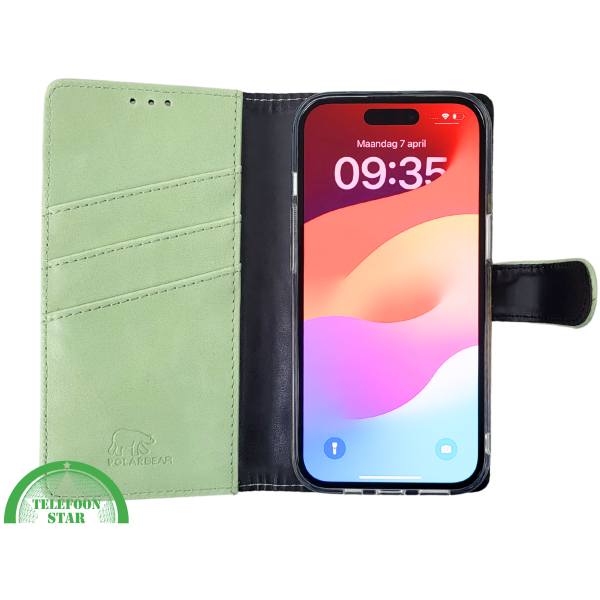 iPhone 15 Plus Hoesje Lichtgroen &ndash; Bookcase met Pasjeshouder – foto 7