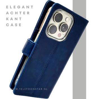 iPhone 15 Pro Bookcase Hoesje Blauw &ndash; Elegant Leren Look met Magnetische Sluiting
