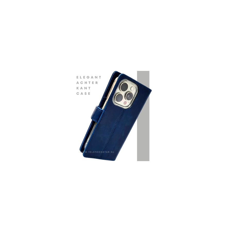 iPhone 15 Pro Bookcase Hoesje Blauw &ndash; Elegant Leren Look met Magnetische Sluiting