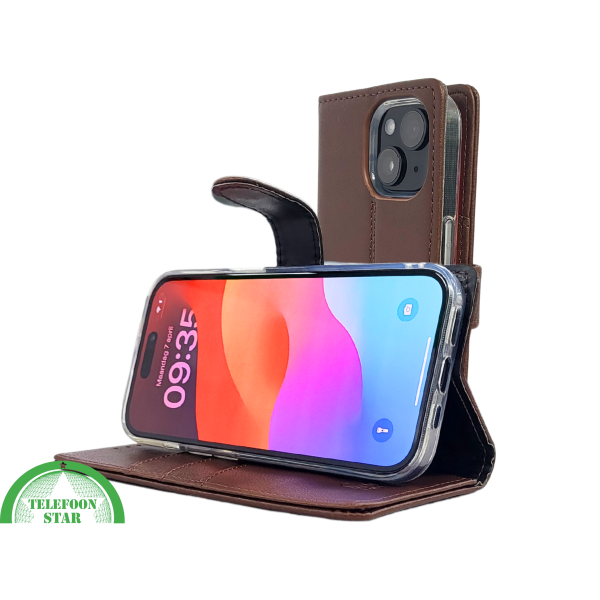 iPhone 15 Plus Hoesje Donkerbruin &ndash; Bookcase met Pasjeshouder – foto 5
