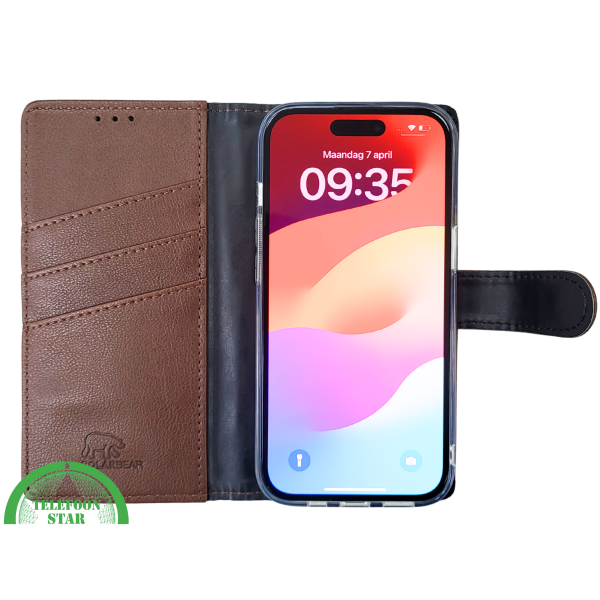 iPhone 15 Plus Hoesje Donkerbruin &ndash; Bookcase met Pasjeshouder – foto 6
