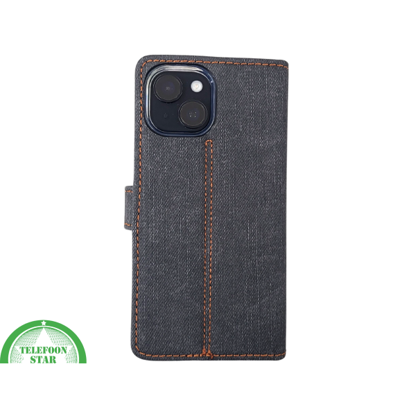 Bookcase Hoesje iPhone 15 Grijs &ndash; Met Pasjeshouder en Oranje Stiksel – foto 3