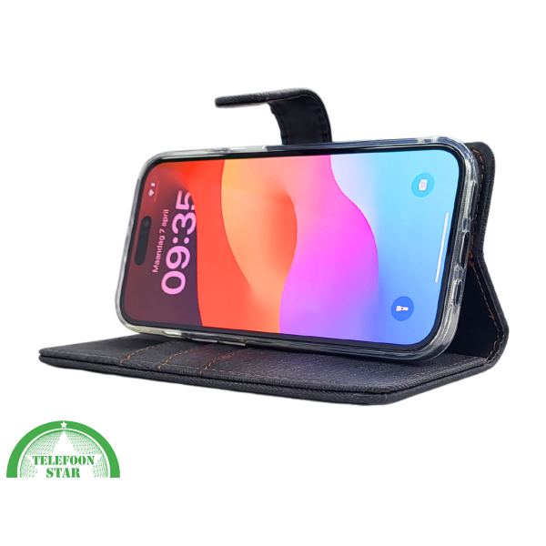 Bookcase Hoesje iPhone 15 Grijs &ndash; Met Pasjeshouder en Oranje Stiksel – foto 5