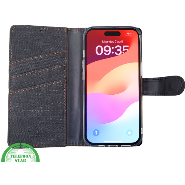 Bookcase Hoesje iPhone 15 Grijs &ndash; Met Pasjeshouder en Oranje Stiksel – foto 7