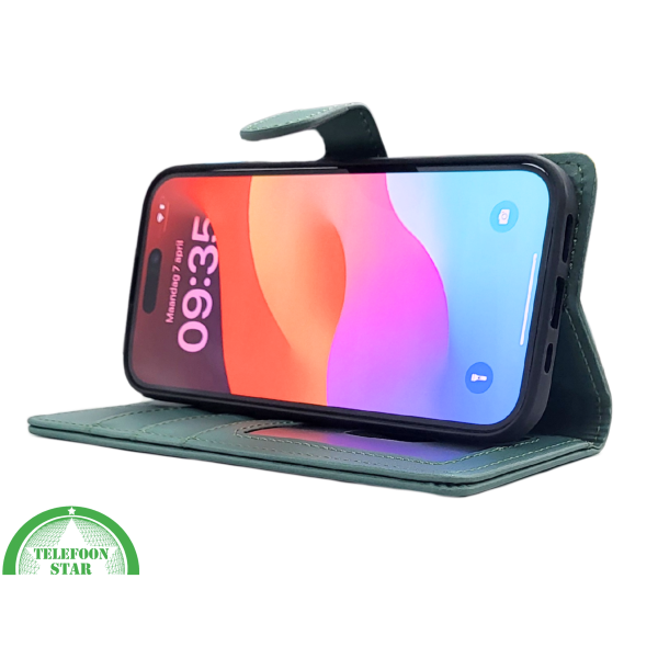 iPhone 15 Plus Bookcase Hoesje Groen &ndash; Leren Case met Pasjeshouder – foto 5