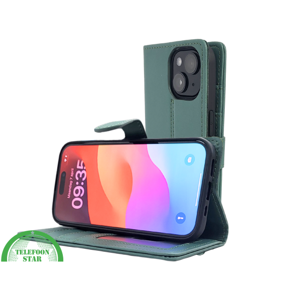 iPhone 15 Plus Bookcase Hoesje Groen &ndash; Leren Case met Pasjeshouder – foto 6